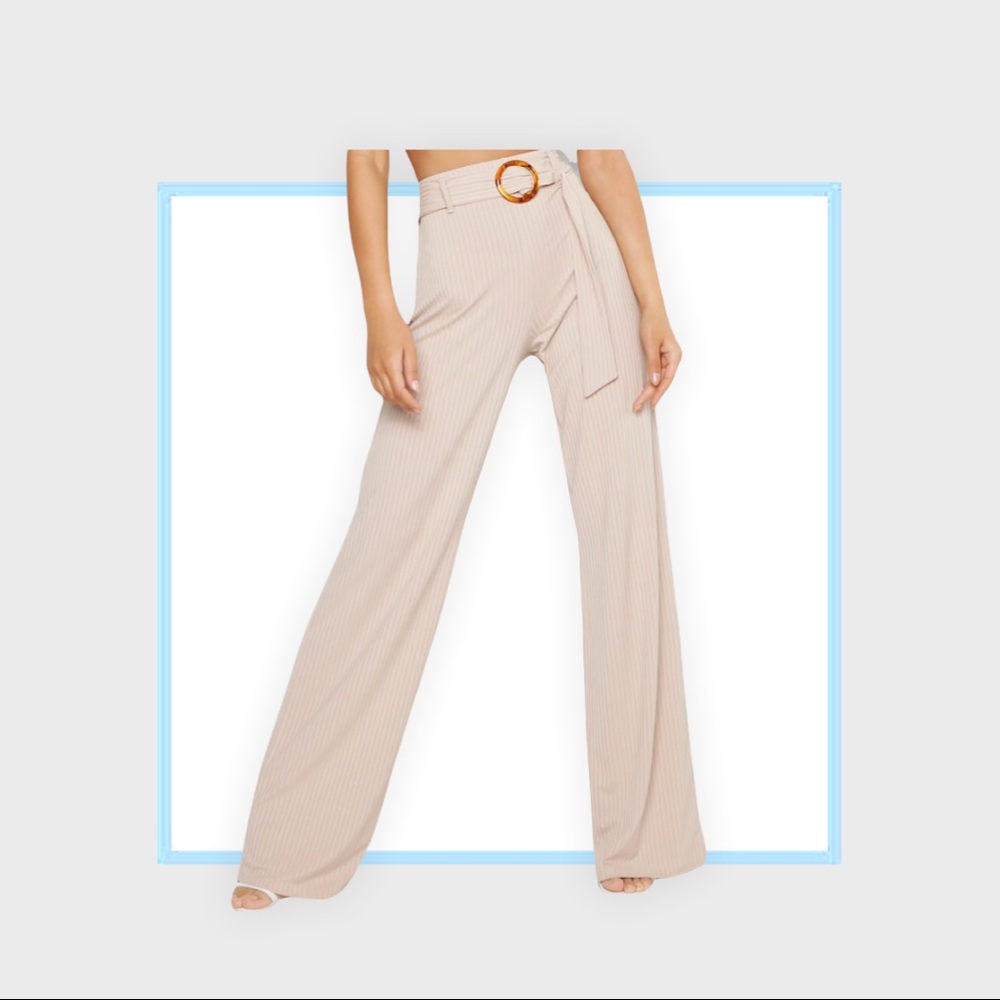 BooHoo High Waist Horn O Ring Ribbed Wide Leg Pants